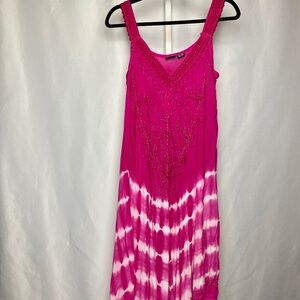 S,R, Fashion Womenʻs Pink | White Sequin Tie Dye Flowy Sleeveless Midi Dress FS